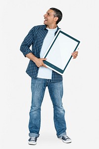 Happy man holding a tablet icon