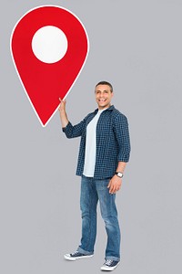 Happy man holding geo tag icon