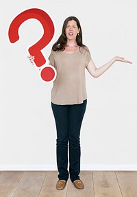 Confused woman holding a question mark icon