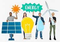 Diverse people holding energy saving icons