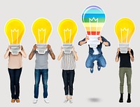Diverse people holding light bubl icons
