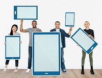 Diverse people holding tablet icons
