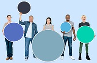 Diverse people holding blank colorful circle boards