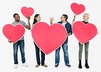 Happy diverse people holding hearts