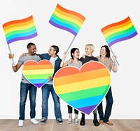 Happy diverse people holding lgbt hearts