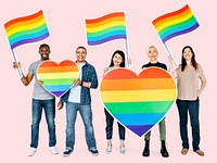 Happy diverse people holding lgbt hearts