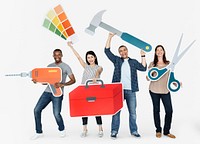 Cheerful diverse people holding tools