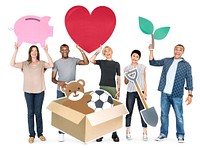 Happy diverse people holding charity symbols