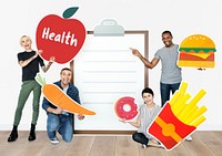 Group of diverse people with healthy food icons
