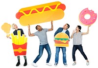 Group of diverse people with food icons