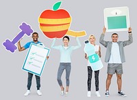 Group of diverse people holding health and fitness icons
