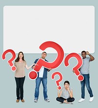 Diverse people holding question mark icons