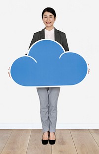 Woman holding cloud computing icon