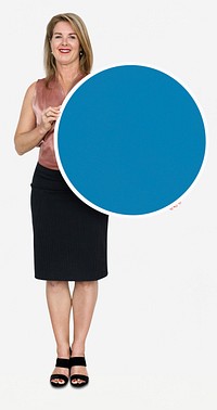 Happy woman showing blue round icon