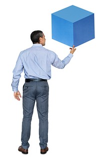 Businessman holding a blue box