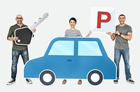 Happy people holding car icons