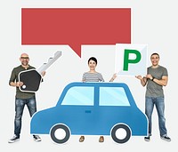 Happy people holding car icons