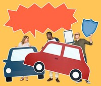 Cheerful diverse people holding car insurance icons