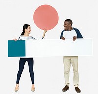 Diverse couple with blank banners