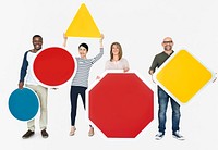 Happy diverse people holding colorful boards