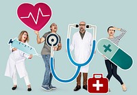 Group of people holding health care icons