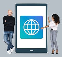 Diverse  people standing beside a tablet with www icon