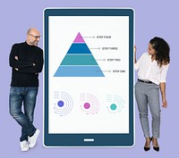Diverse people showing a pyramid graph on a tablet