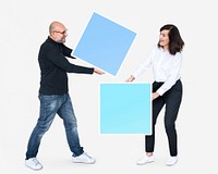 Man and woman holding squares
