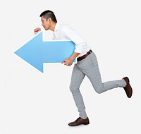 Man running with a blue arrow