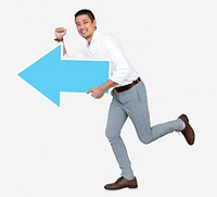 Man running with a blue arrow