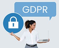 Woman with a GDPR speech bubbe holding a padlock icon