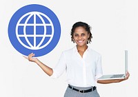 Happy woman holding a laptop and www icon