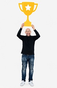 Man showing a golden trophy