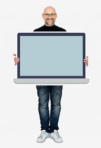 Happy man holding an empty laptop screen