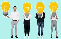 Diverse people showing light bulb icons