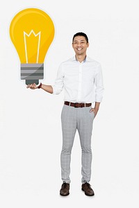 Creative man showing a light bulb icon