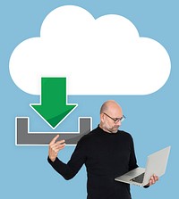 A man holding laptop and a cloud computer icon