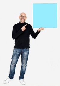 A cheerful man holding a square icon