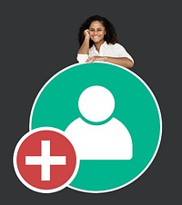 Cheerful woman showing add friends user icon