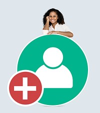 Cheerful woman showing add friend user icon