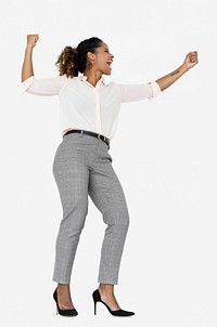 Cheerful businesswoman dancing with joy