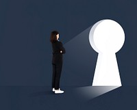 Woman standing in front of a huge keyhole