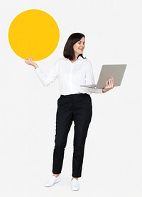 Happy woman carrying a notebook and holding a board<br />