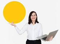 Happy woman carrying a laptop and holding  a board
