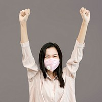 Asian woman wearing a mask raising her hands up mockup