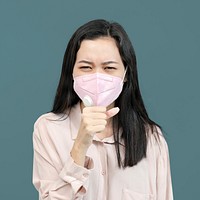 Asian woman wearing a mask and coughing mockup
