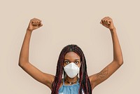 Black woman wearing a mask and raising her hands up in the air mockup