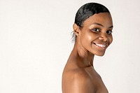 Cheerful bare chested black woman portrait