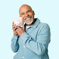 Happy retired man holding his piggy bank mockup