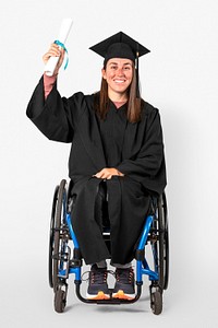 Happy girl in a wheelchair holding her diploma 